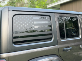 Pair of American Flag decals for rear hardtop windows on any 4 door 2018 2019 2020 2021 2022 2023 Jeep Wrangler JLU JL Sahara Rubicon