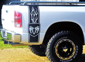 Pair of Tribal Flame Flaming Ram head truck bed side stripe stripes decal decals graphics fits 2009 2010 2011 2012 2013 2014 2015 2016 2017 2018 2019 2020 2021 2022 2023 Dodge truck 1500 2500