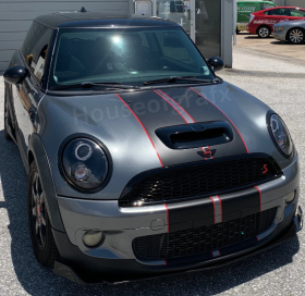 Two color rally stripe racing stripes with .25" pin stripe fits any Mini Cooper S JCW Countryman Clubman Paceman Roadster Coupe Roadster